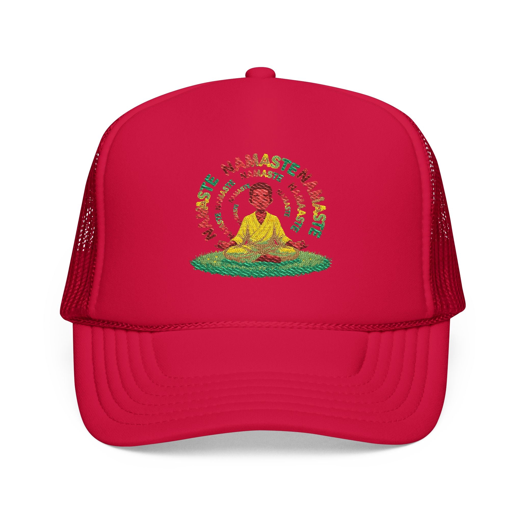 Buddha Meditation Foam Trucker Hat - Embroidered Red Cap for Mindfulness and Style