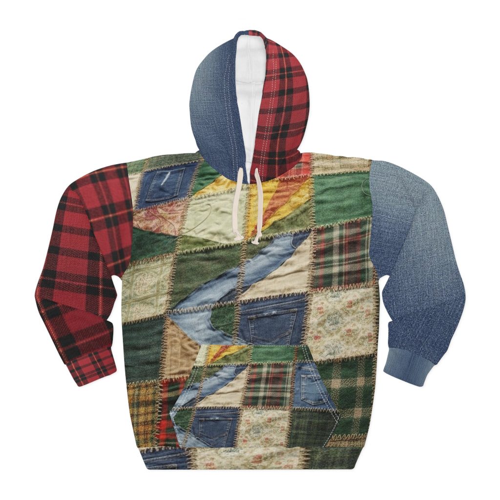 Patchwork Quilted Pattern Hoodie — Vintage Rustic Plaid All-Over Print