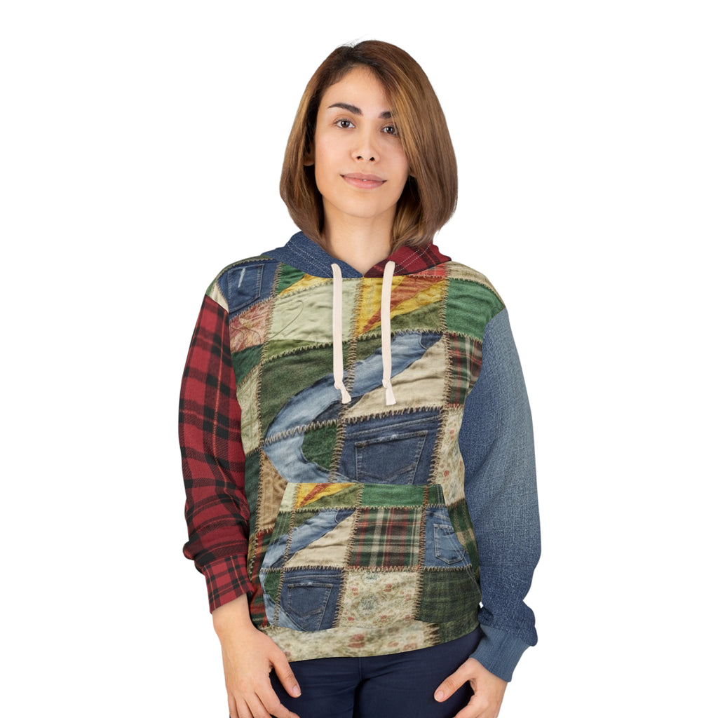 Patchwork Quilted Pattern Hoodie — Vintage Rustic Plaid All-Over Print