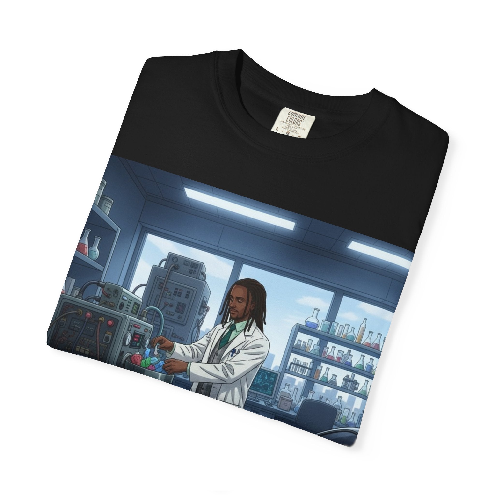 Nature Jab Lab Tech Garage Scene T-Shirt — Scientist at Work Graphic Tee