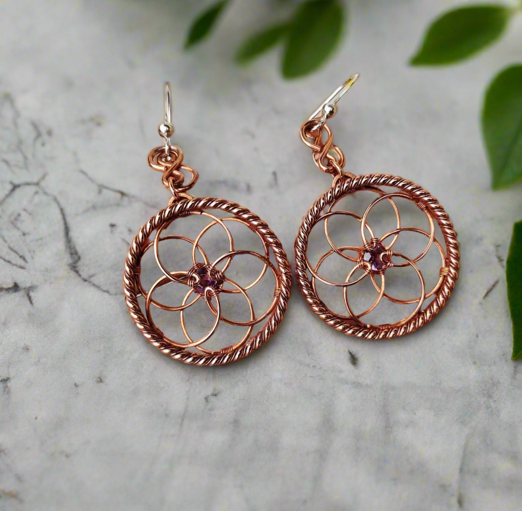 Pure wire Wrapped copper flower of life earrings