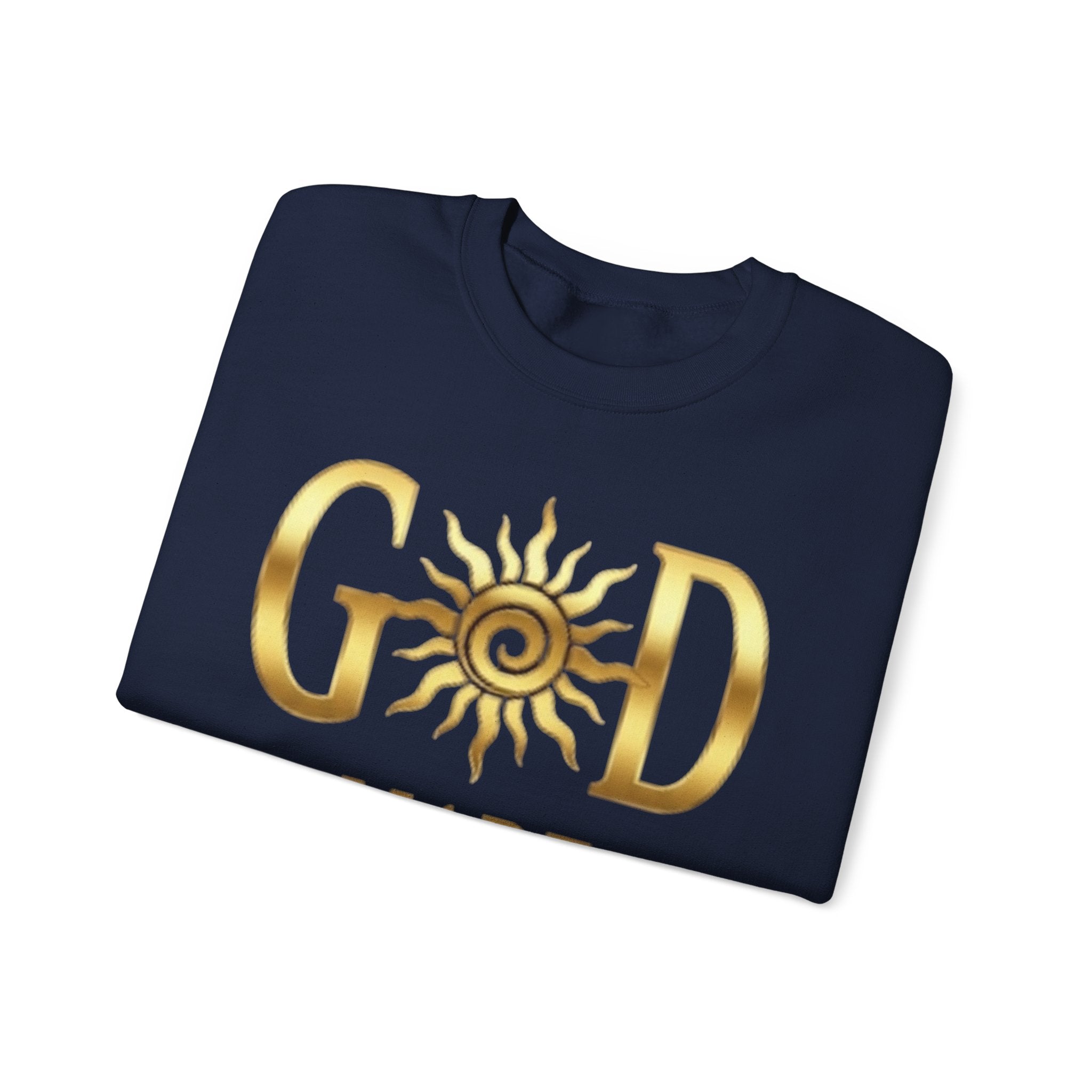 God Made Crewneck Sweatshirt — Gold Sun Faith Graphic