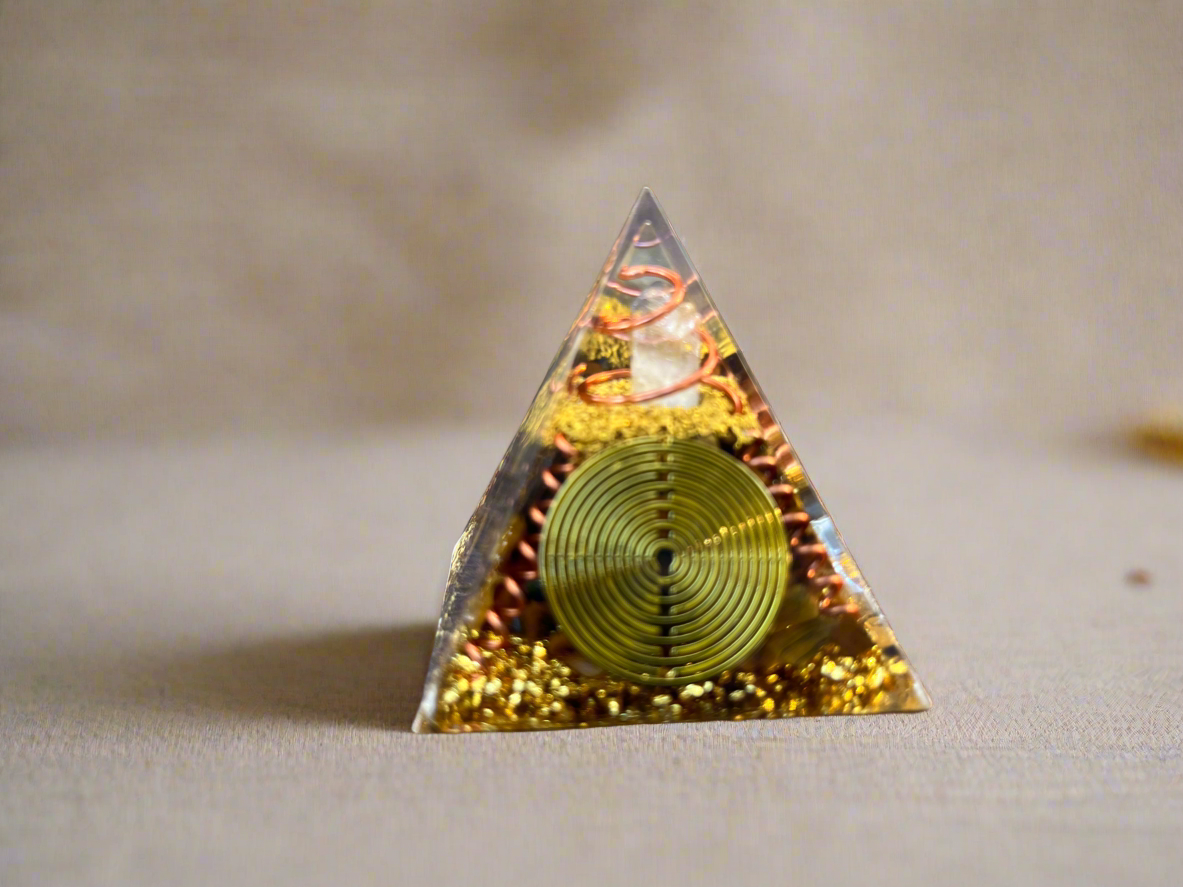 Gold Money Attraction And Energy Cleansing Tiger Eye/Clear Quartz Orgone Pyramid