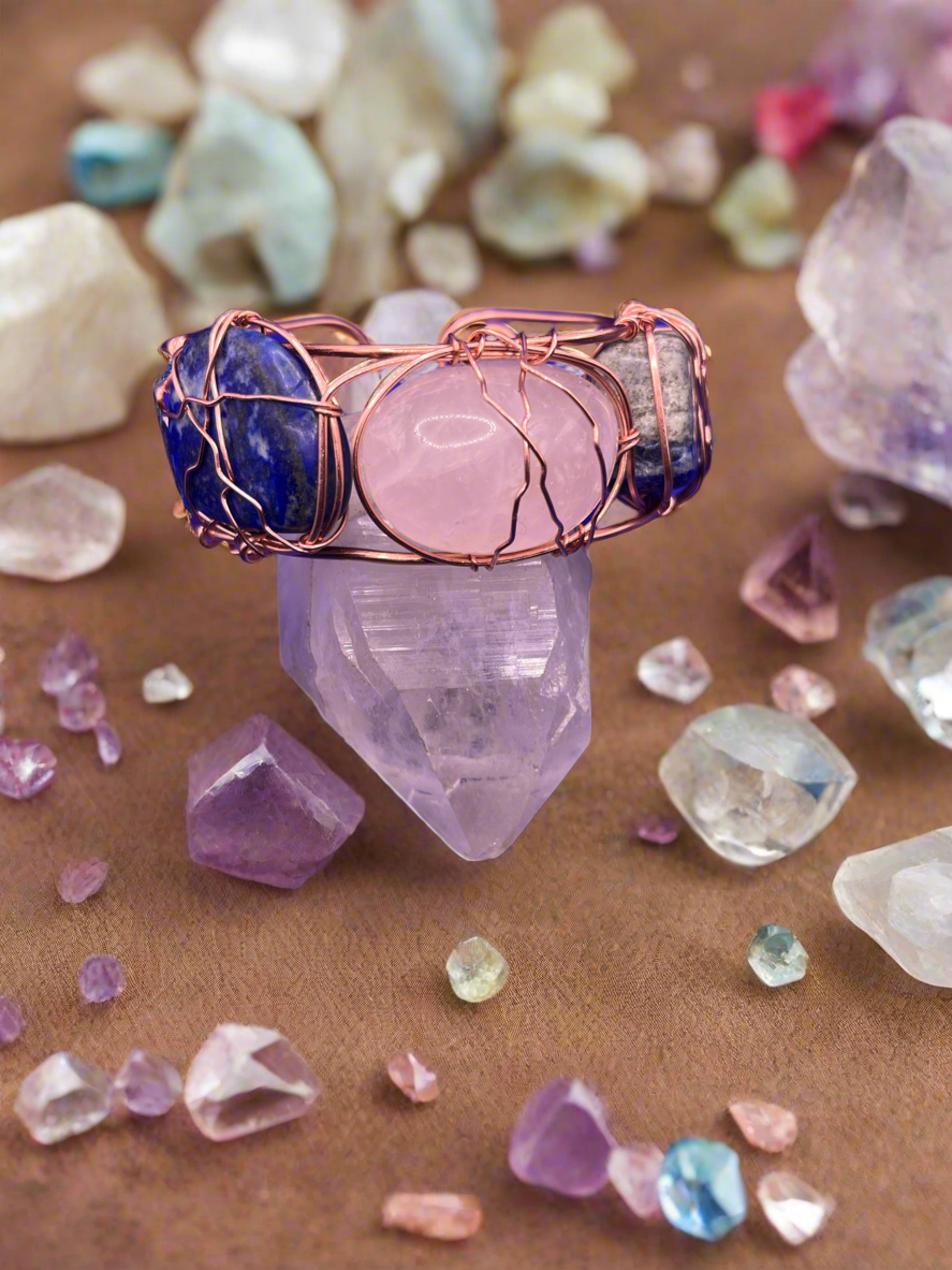 iamevibez Custom Pure Copper Chunky Wire Wrapped Lapis Lazuli & Rose Quartz Duo Bracelet