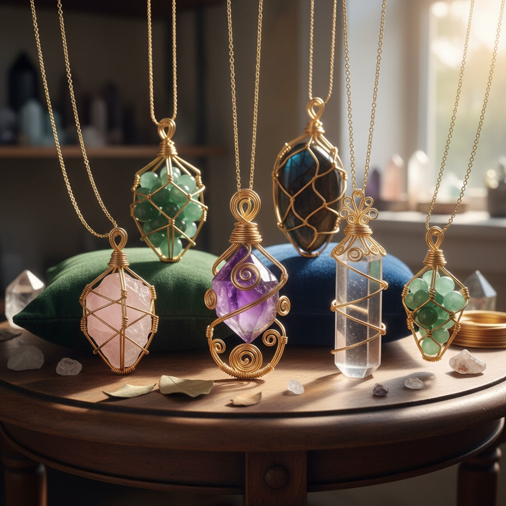 Wire wrapped gold non-tarnishing crystal necklace