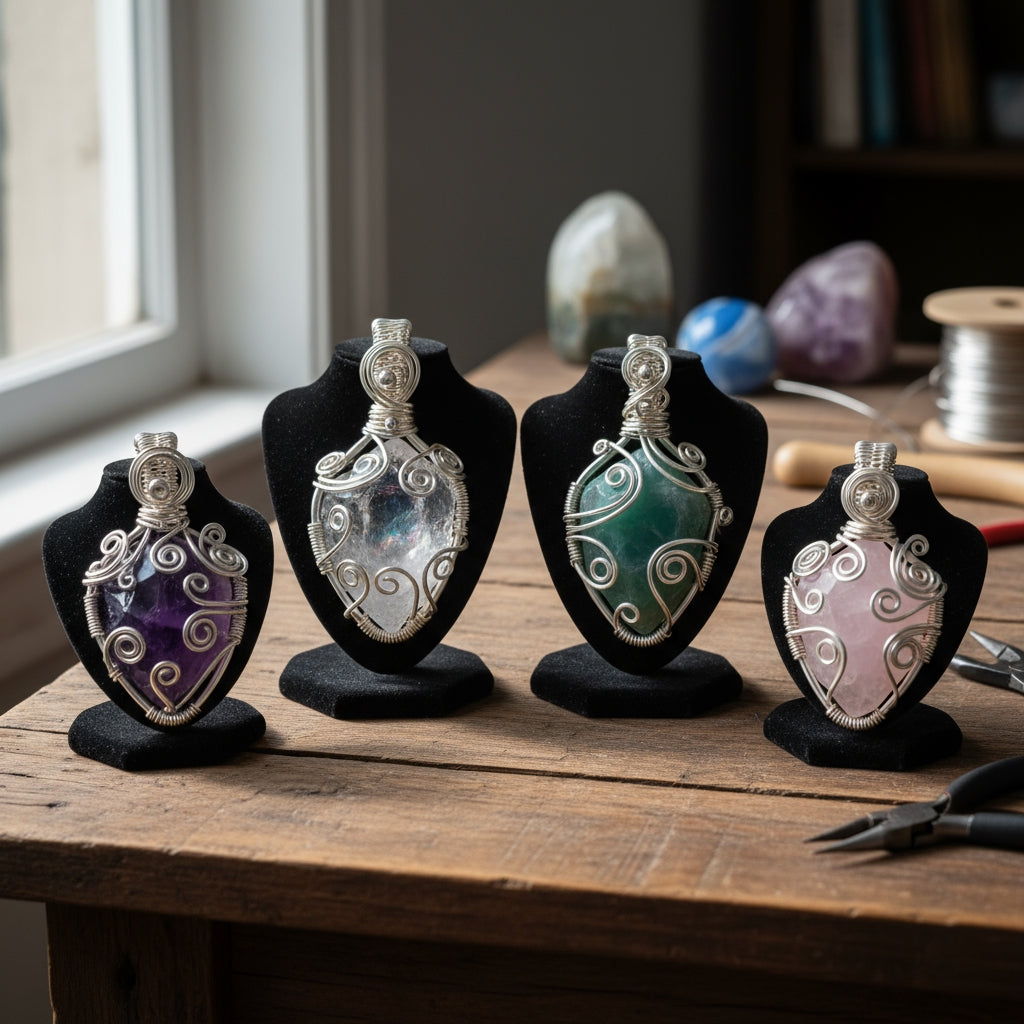 Custom non-tarnishing silver wire wrapped crystal necklace