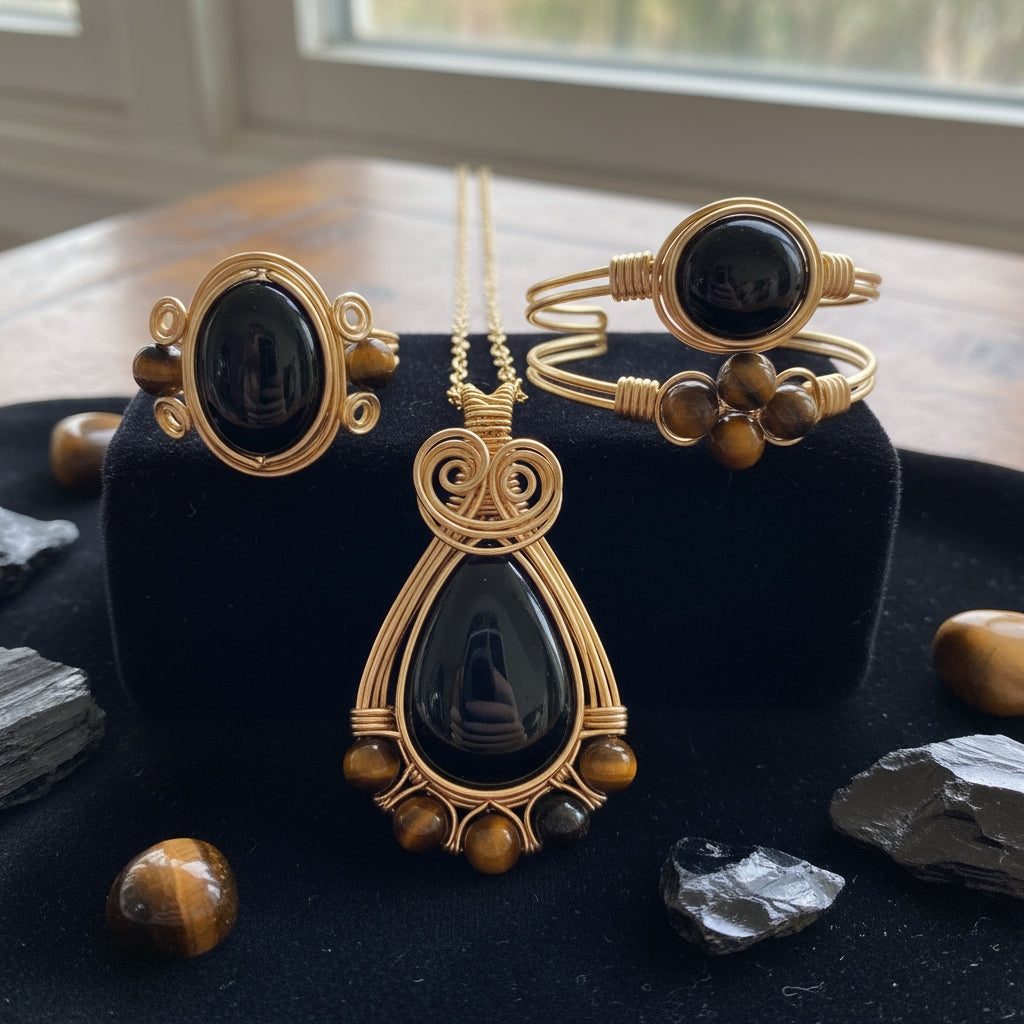 Wire wrapped non-tarnishing, black obsidian and tigers eye Dual Energy set
