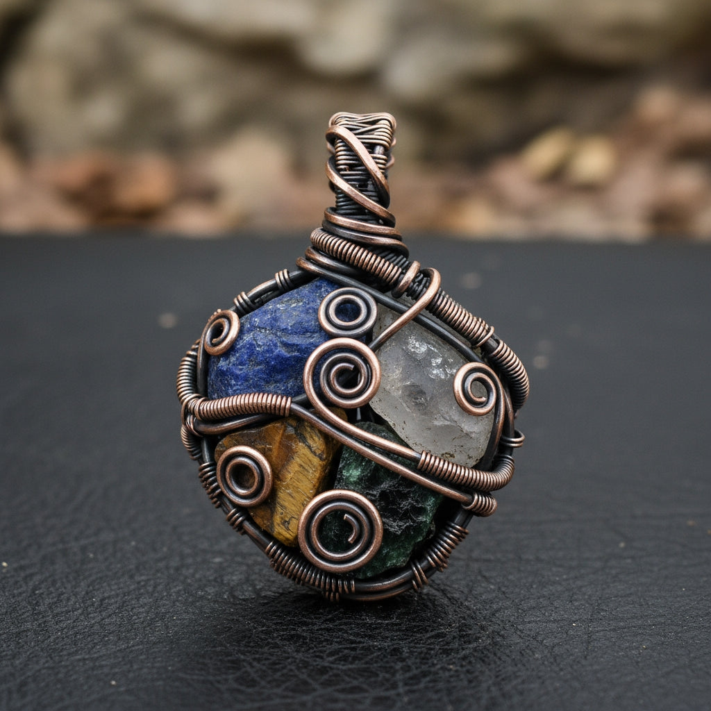 Custom copper wire wrapped multi stone medicine necklace, AIDS and assist in focus and songwriting success