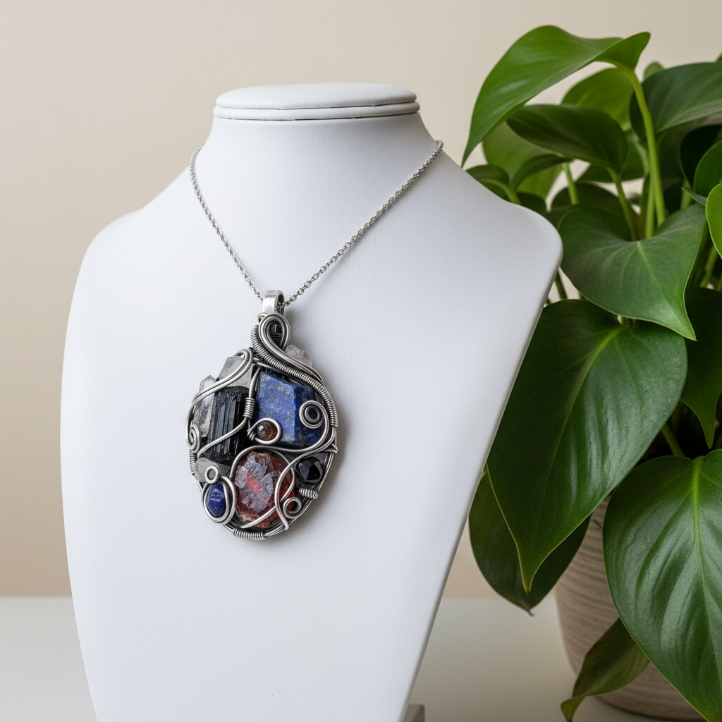 Mixed Stone non-tarnishing silver wire wrapped medicine necklace