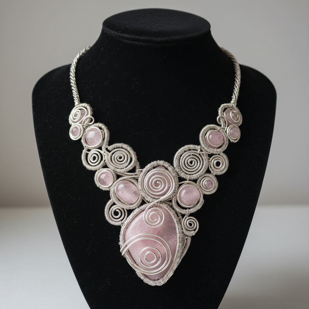 Non Tarnishing Silver Wire Wrapped Rose Quartz Necklace