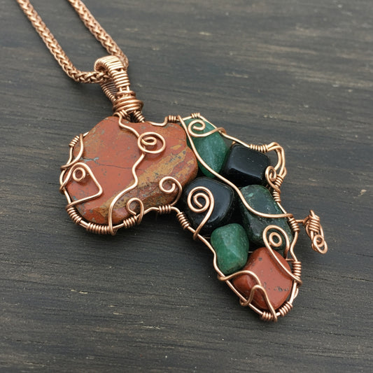 Custom copper wire wrapped red coral grain and black obsidian Africa necklace