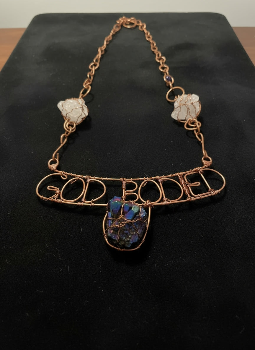 Large statement, crystal and name wire wrapped copper necklace