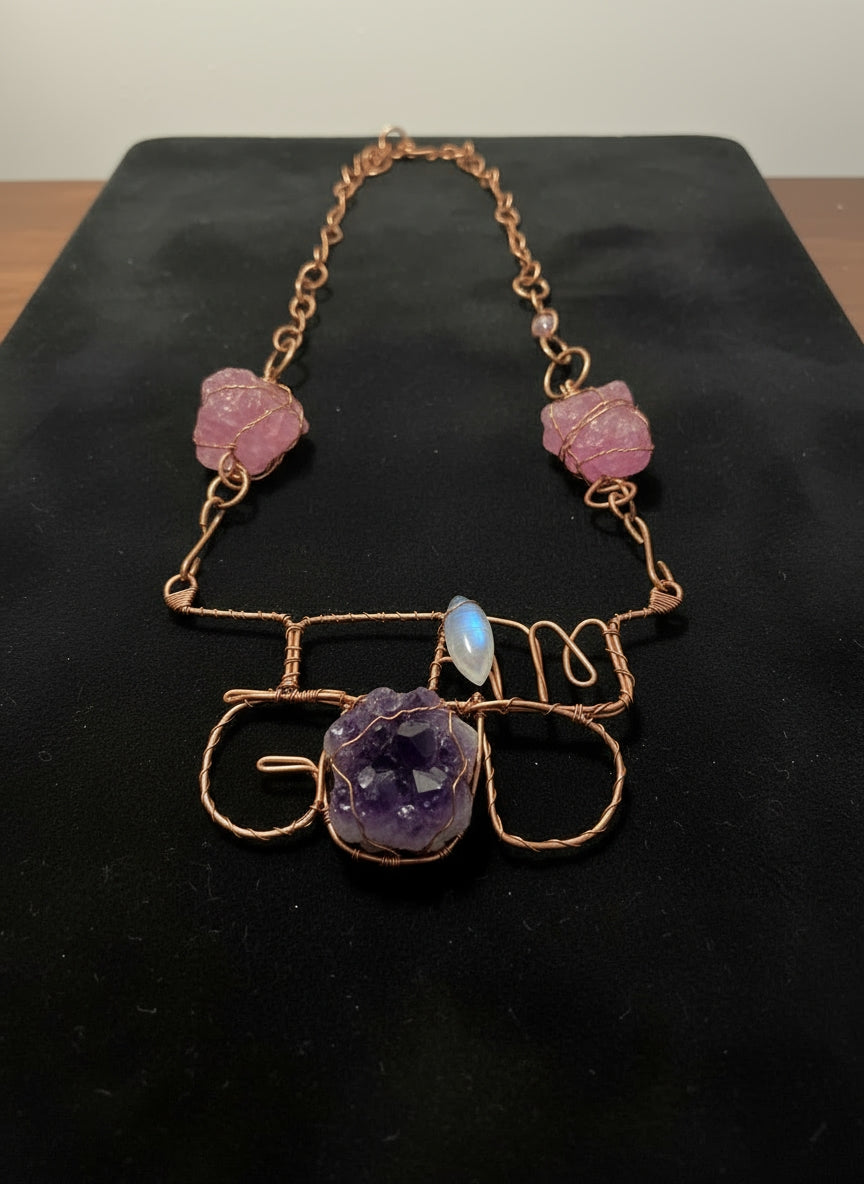 Large statement, crystal and name wire wrapped copper necklace