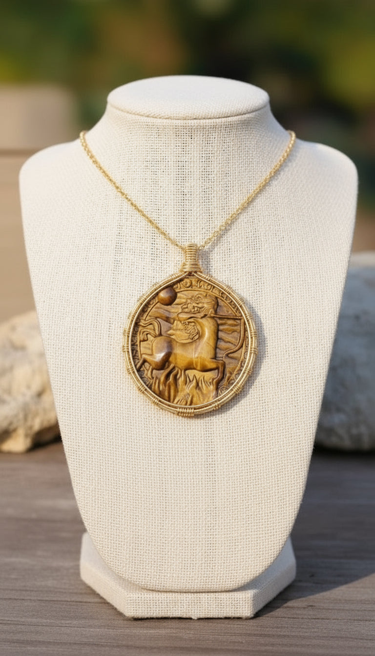 Custom wire wrapped engraved tiger’s eye zodiac necklace