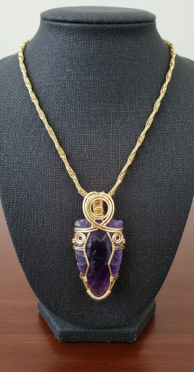 Gold Wire Wrapped Non Tarnishing Amethyst Arrowhead Necklace