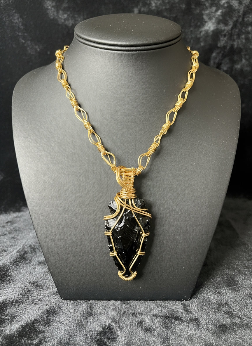Custom Wire Wrapped Black Obsidian Arrowhead Necklace