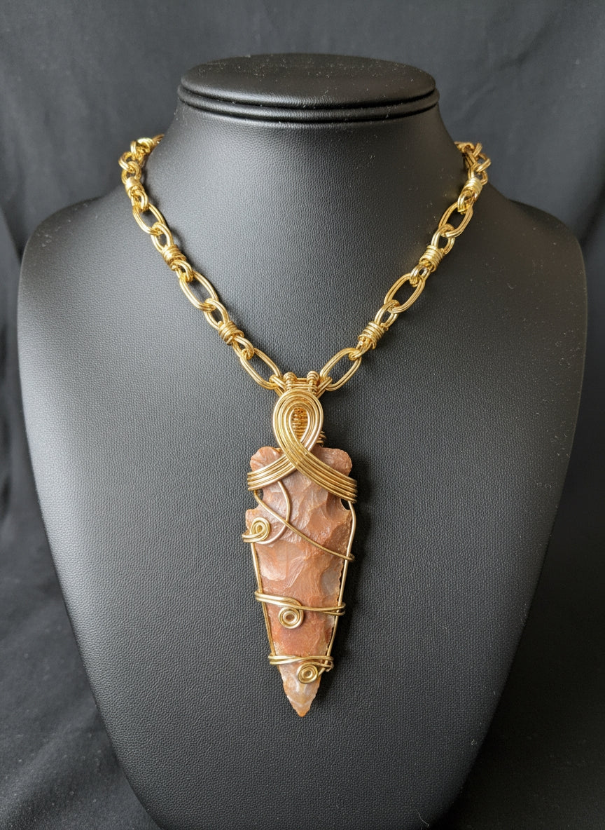 14 K gold plated, non-tarnishing wire wrapped jasper arrowhead necklace with custom chain