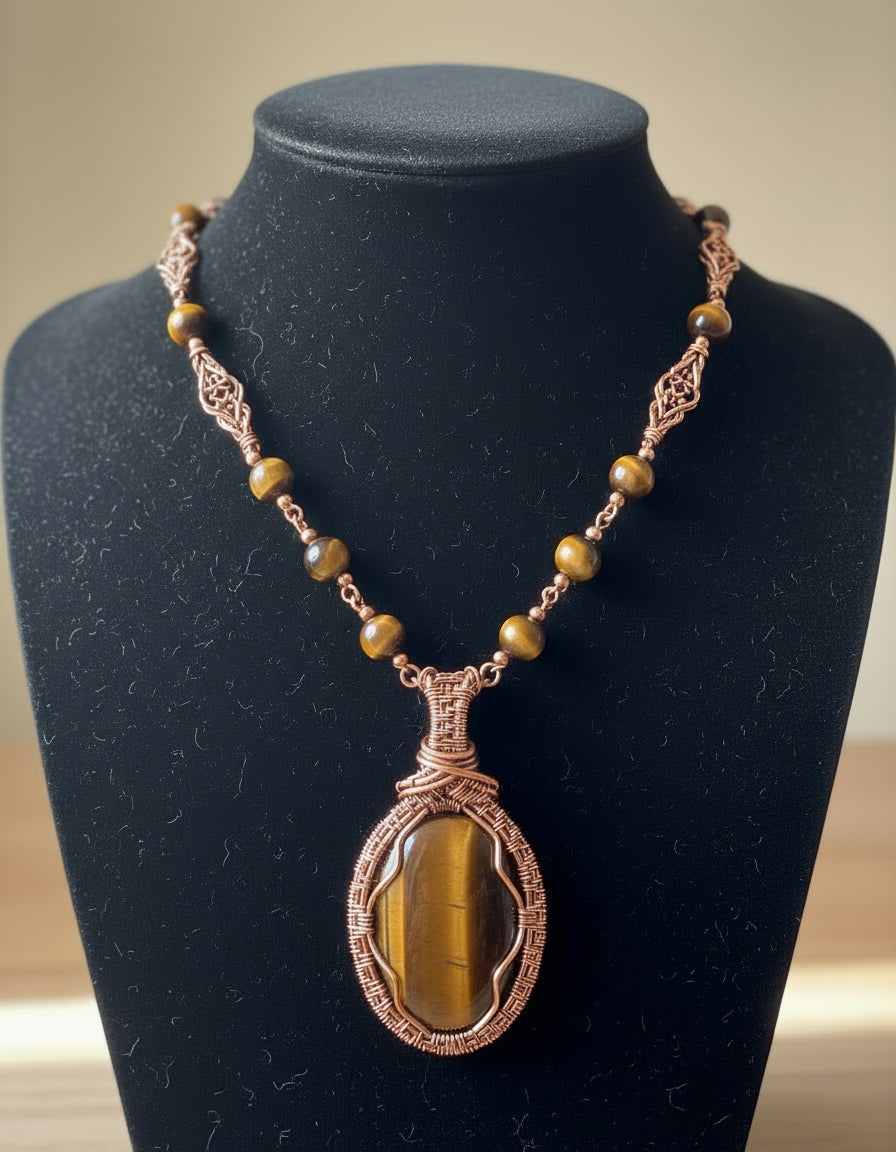 Wire Wrapped Copper Tigers Eye Mens Amulet