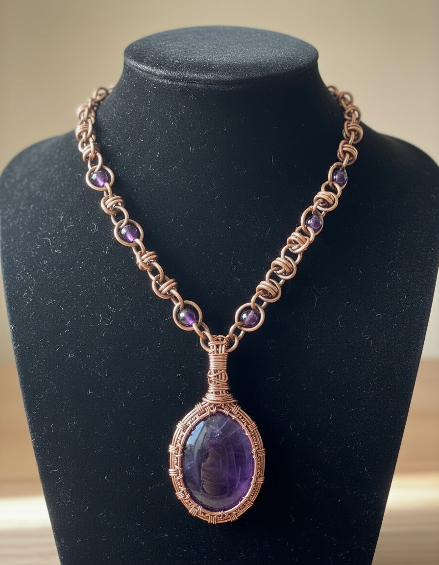Wire Wrapped Copper amethyst Mens Amulet