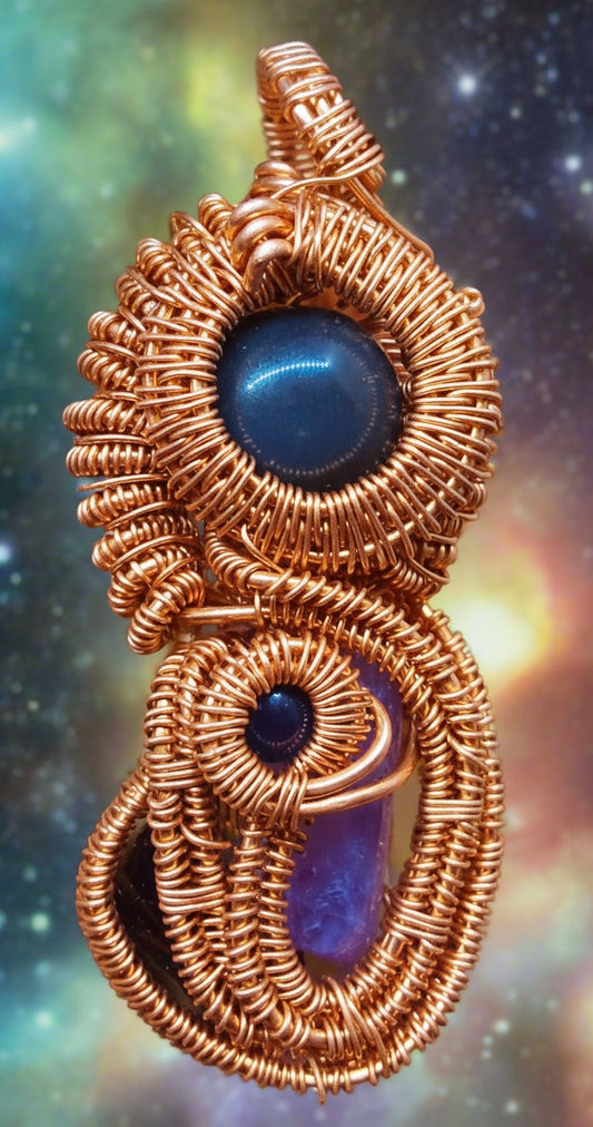 iamevibez Amethyst And Black Obsidian Custom Wire Wrapped Pendant "Cosmos"