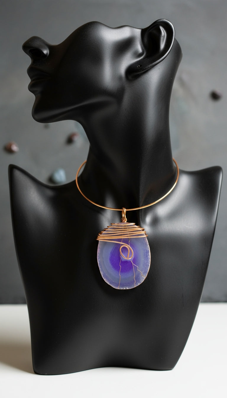 iamevibez Custom Copper Wire Wrapped Agate Plate Choker Necklace