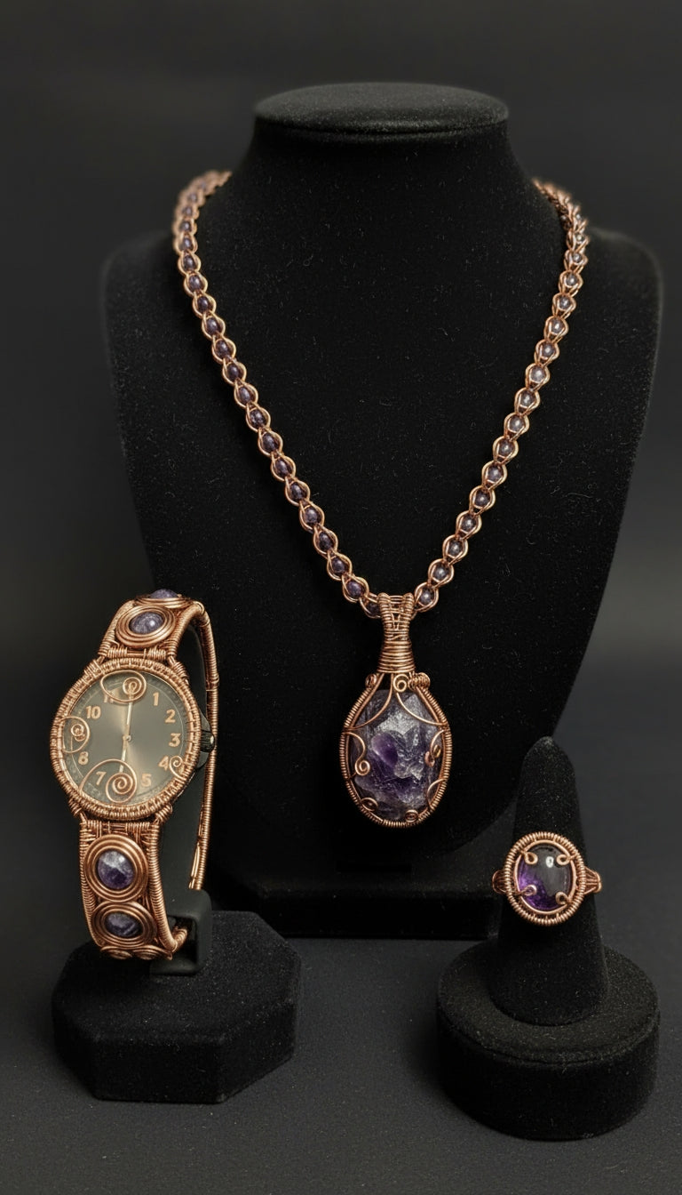 Custom Wire Wrapped Watch Necklace And Ring Set