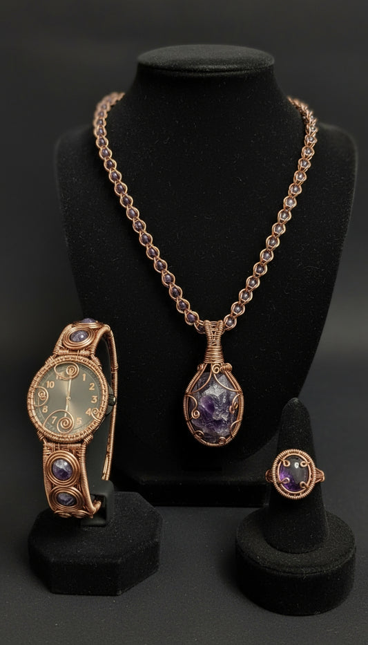 Custom Wire Wrapped Watch Necklace And Ring Set
