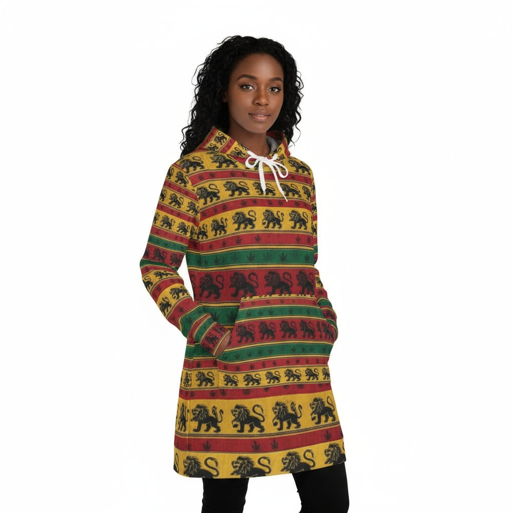 WKE WRLD Vibrant Rasta Inspired Women's Hoodie Dress, Stylish Streetwear, Rasta-Inspired Fashion, Cozy Layering Piece, Perfect for Festivals and Parties