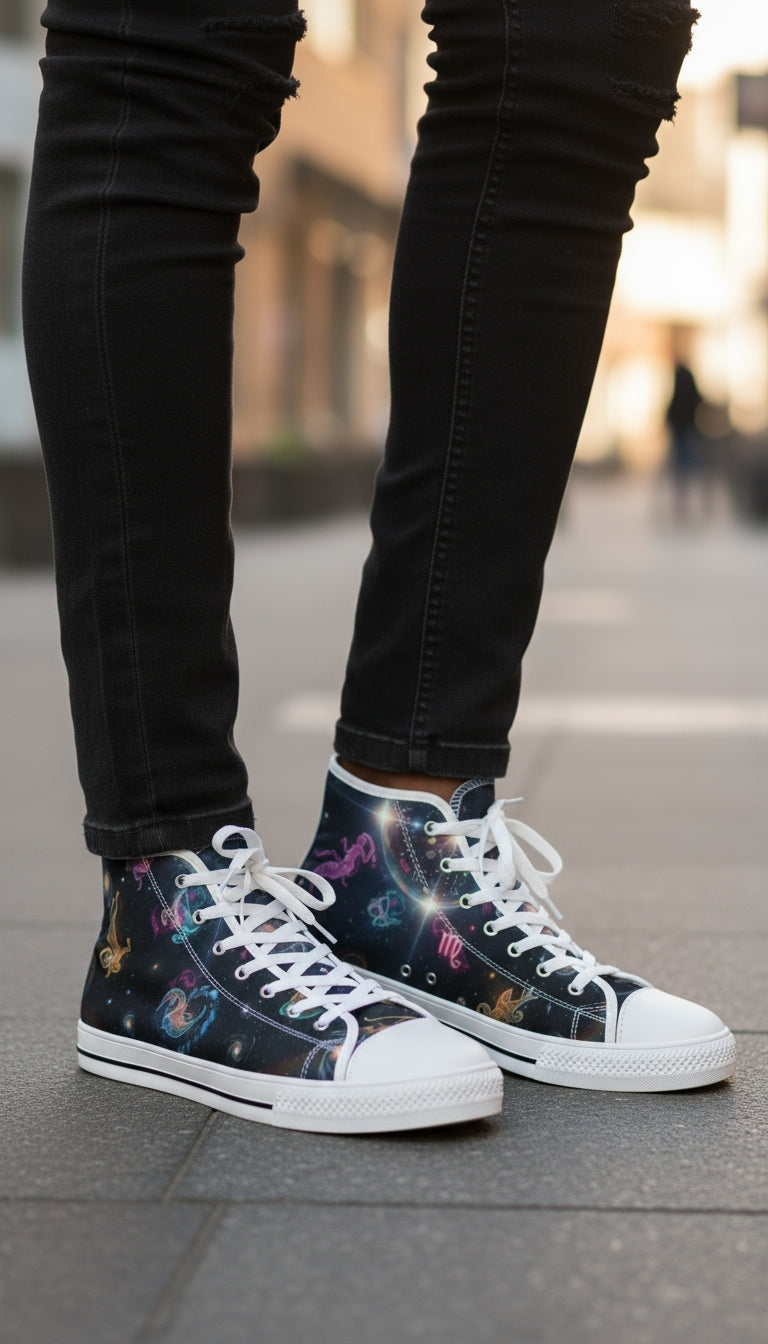 WKE WRLD Cosmic High Top Zodiac Sneakers - Stylish Galaxy Print Footwear for Men, Casual Walk, Street Fashion, Unique Gift Idea, Astronaut Theme Shoes