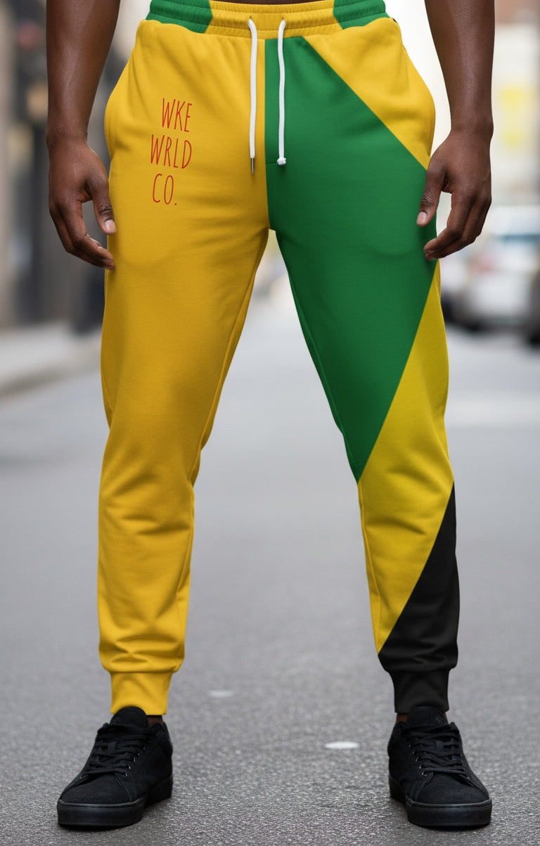 WKE WRLD Jamaican Flag Print Athletic Joggers, Vibrant Comfort Pants, Casual Sportswear, Unisex Joggers, Fitness Apparel, Gift for Athletes