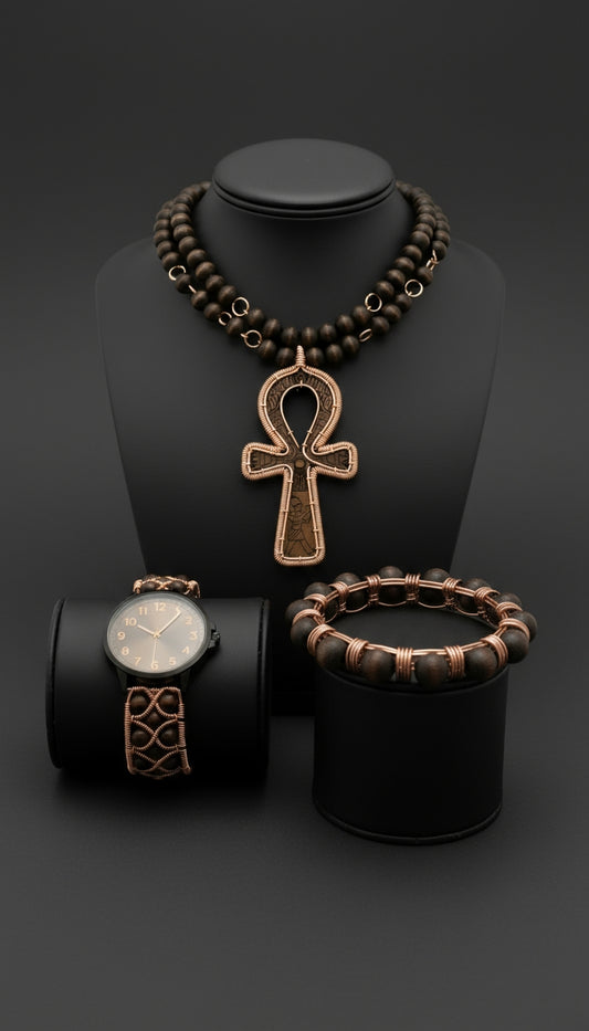 iamevibez Copper Wire Wrapped Ghanaian Wood Ankh Set