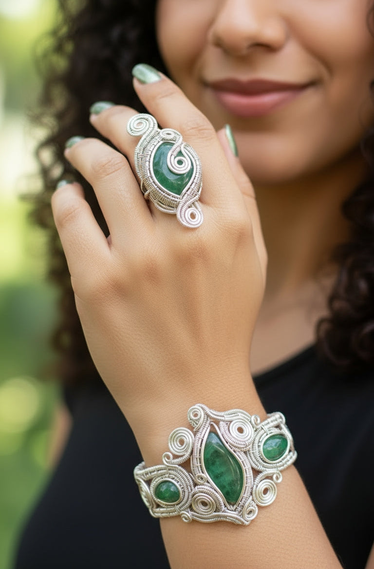 Sterling silver wire wrapped green aventurine ring and bracelet set