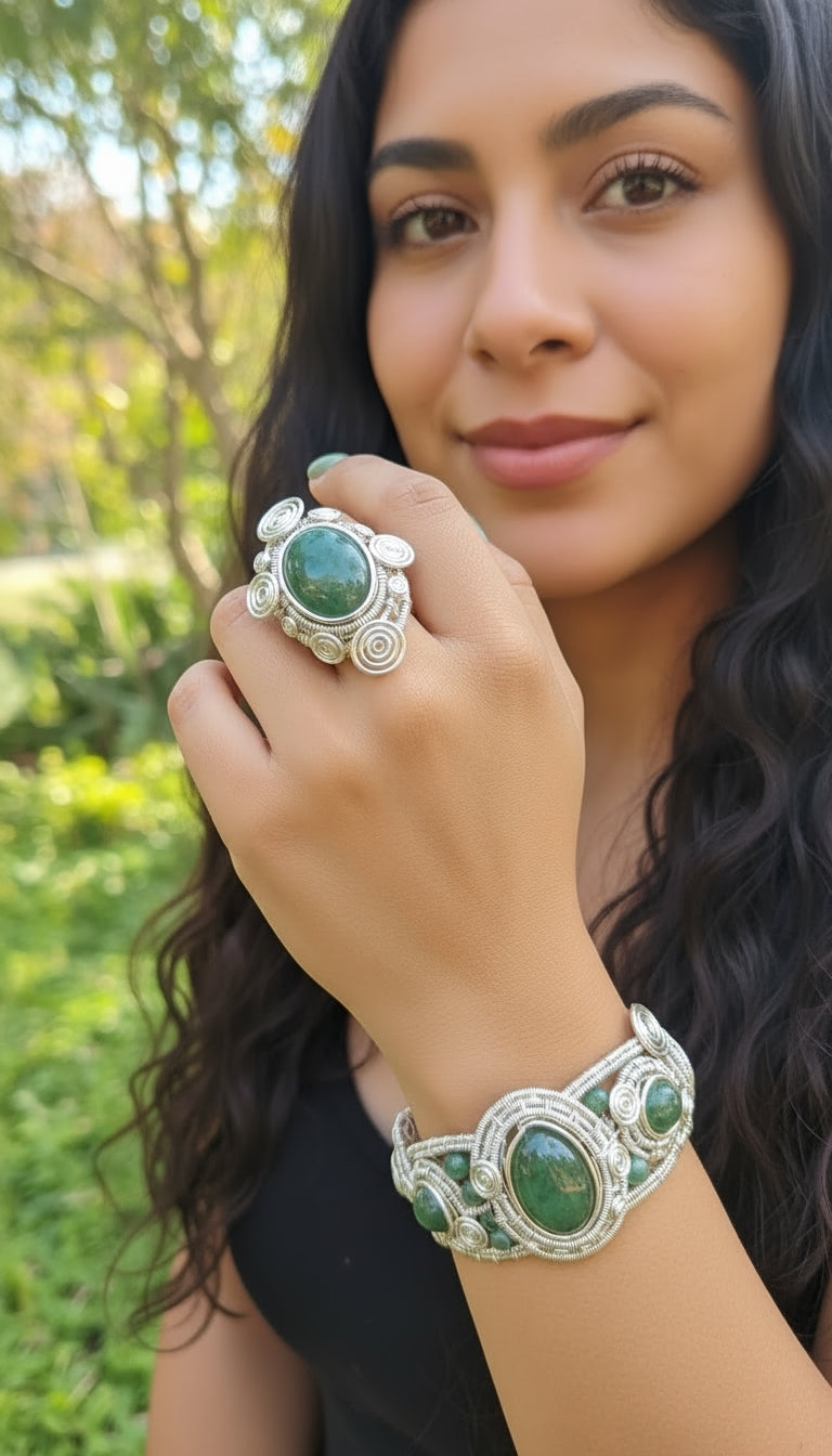 Sterling silver wire wrapped Moss Agate Ring And Bracelet Set