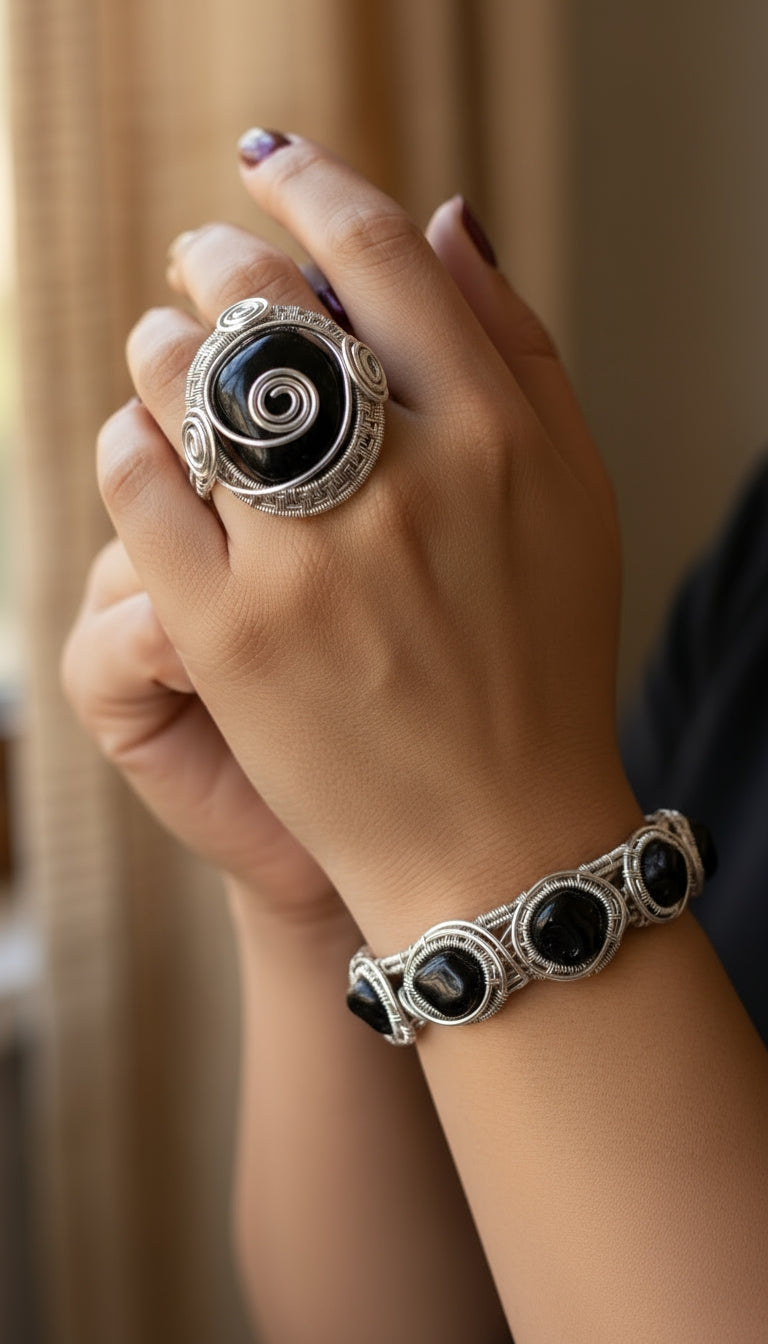 Sterling silver wire wrapped black Onyx ring and bracelet set