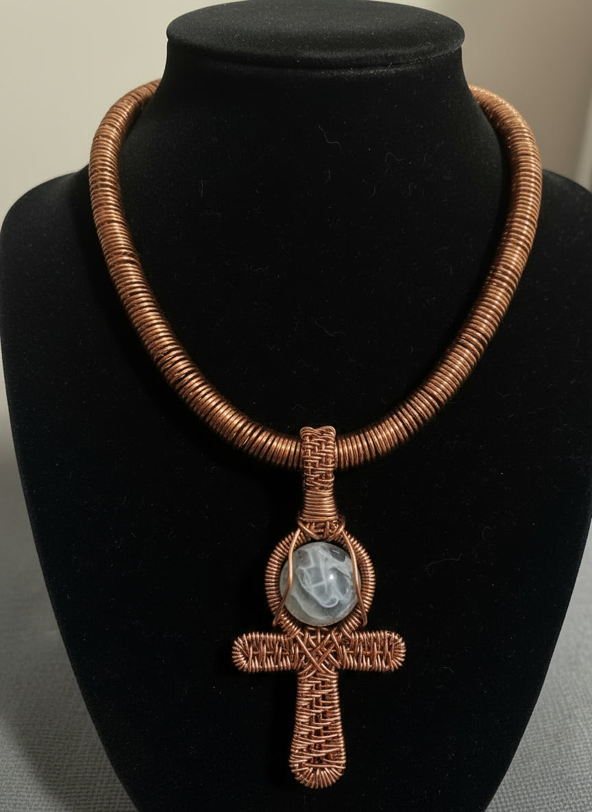 Wire Wrapped Coiled Agate Ankh Necklace