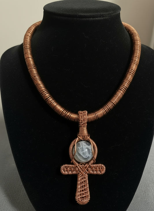 Wire Wrapped Coiled Agate Ankh Necklace
