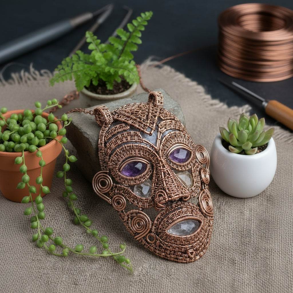 iamevibez Custom Copper Wire Wrapped Amethyst And Clear Quartz Mask Necklace