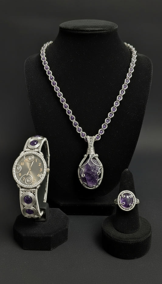 Custom Wire Wrapped Amethyst Watch Necklace And Ring Set