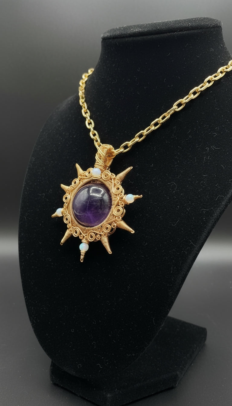 Non tarnishing Gold wire wrapped Amethyst sun Necklace