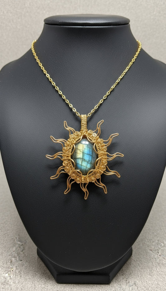 Non-tarnish, gold wire wrapped labradorite sun necklace