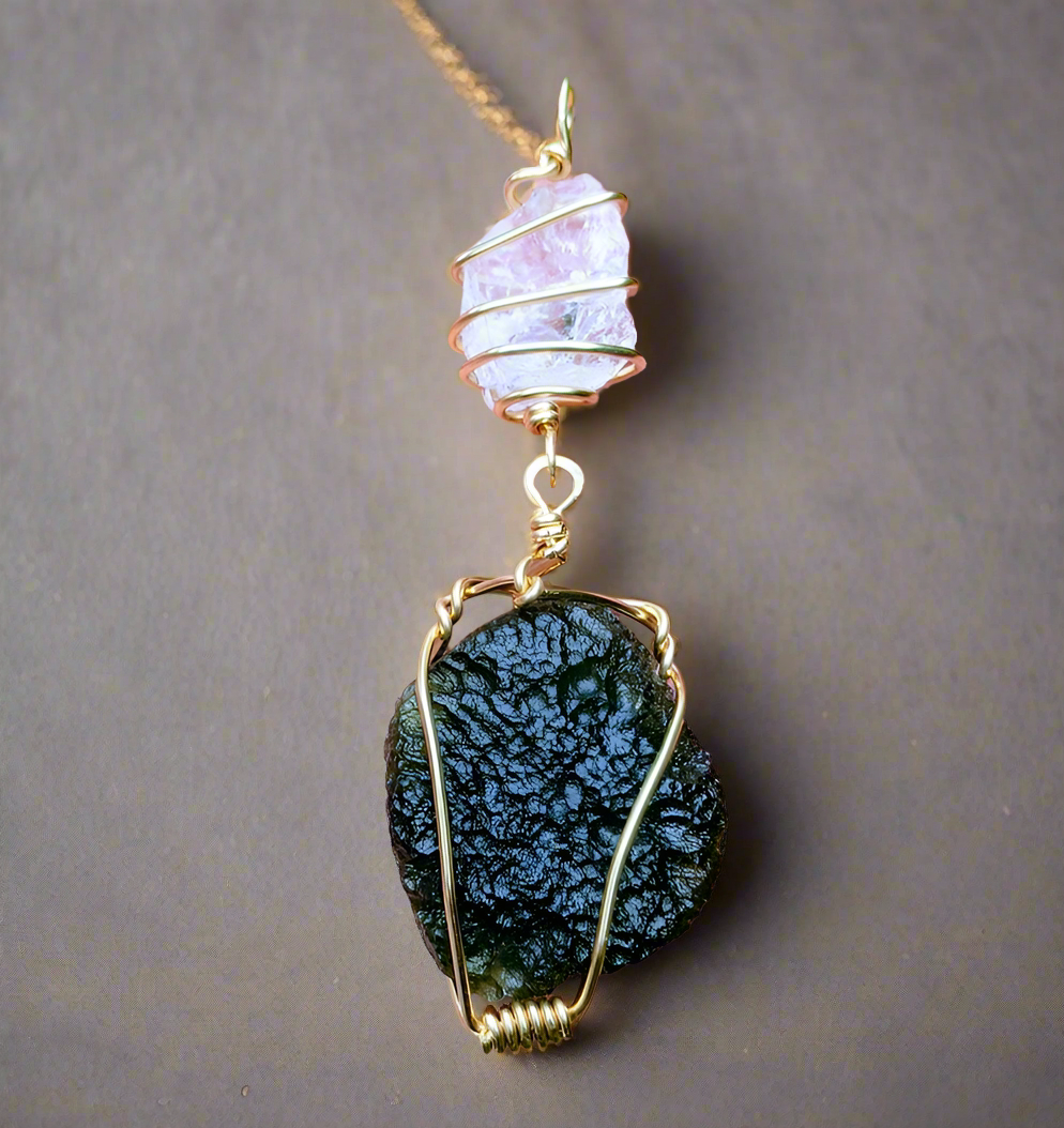 iamevibez Wire Wrapped Moldavite And Clear Quartz Dual Necklace (Focus and Deeper Astral Connections) *BEWARE