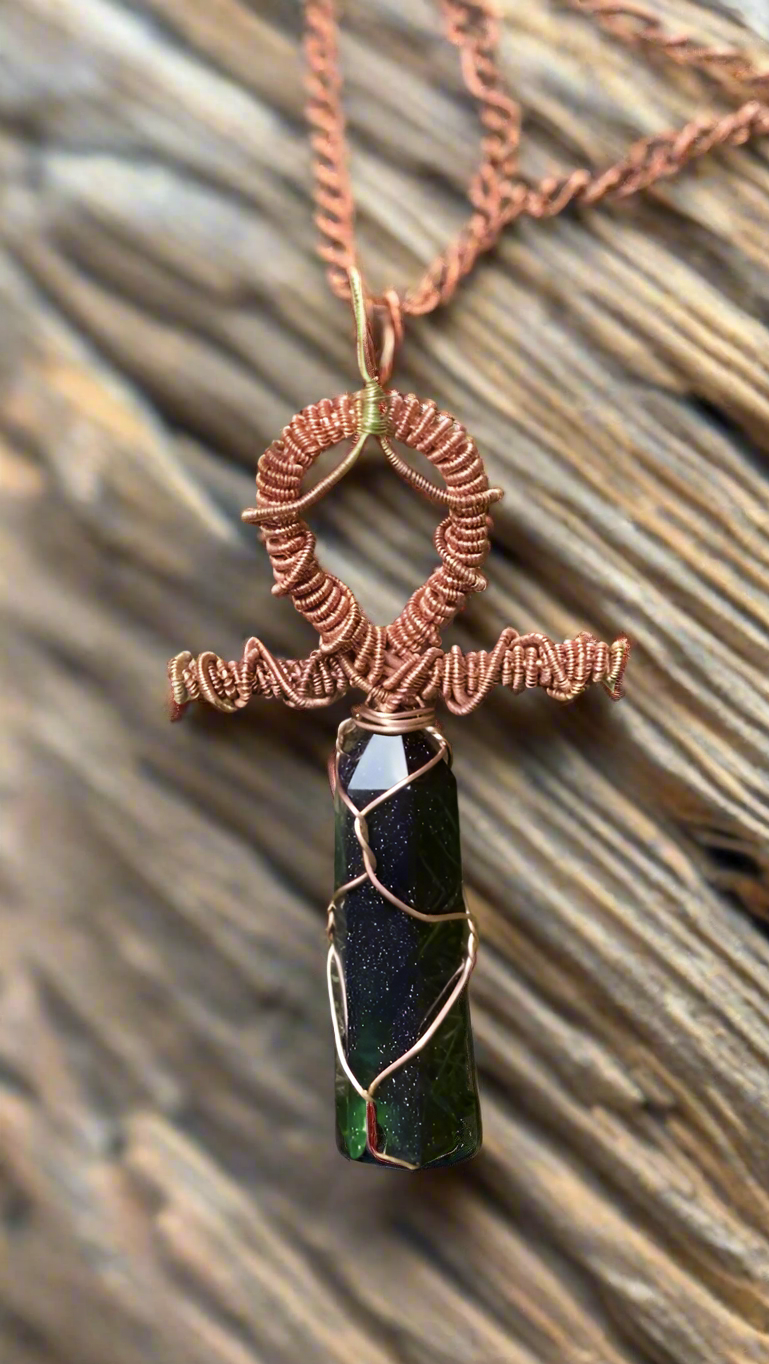 iamevibez Pure Copper Wire Wrapped Crystal Point Ankh Amulet