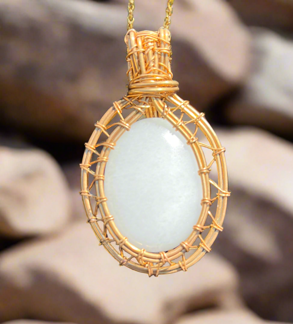 White Jade Brass Cabachon Pendant