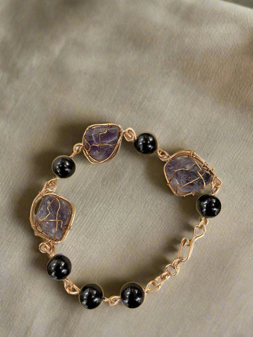 iamevibez Custom Wire Wrapped Brass Amethyst And Black Onyx Bracelet