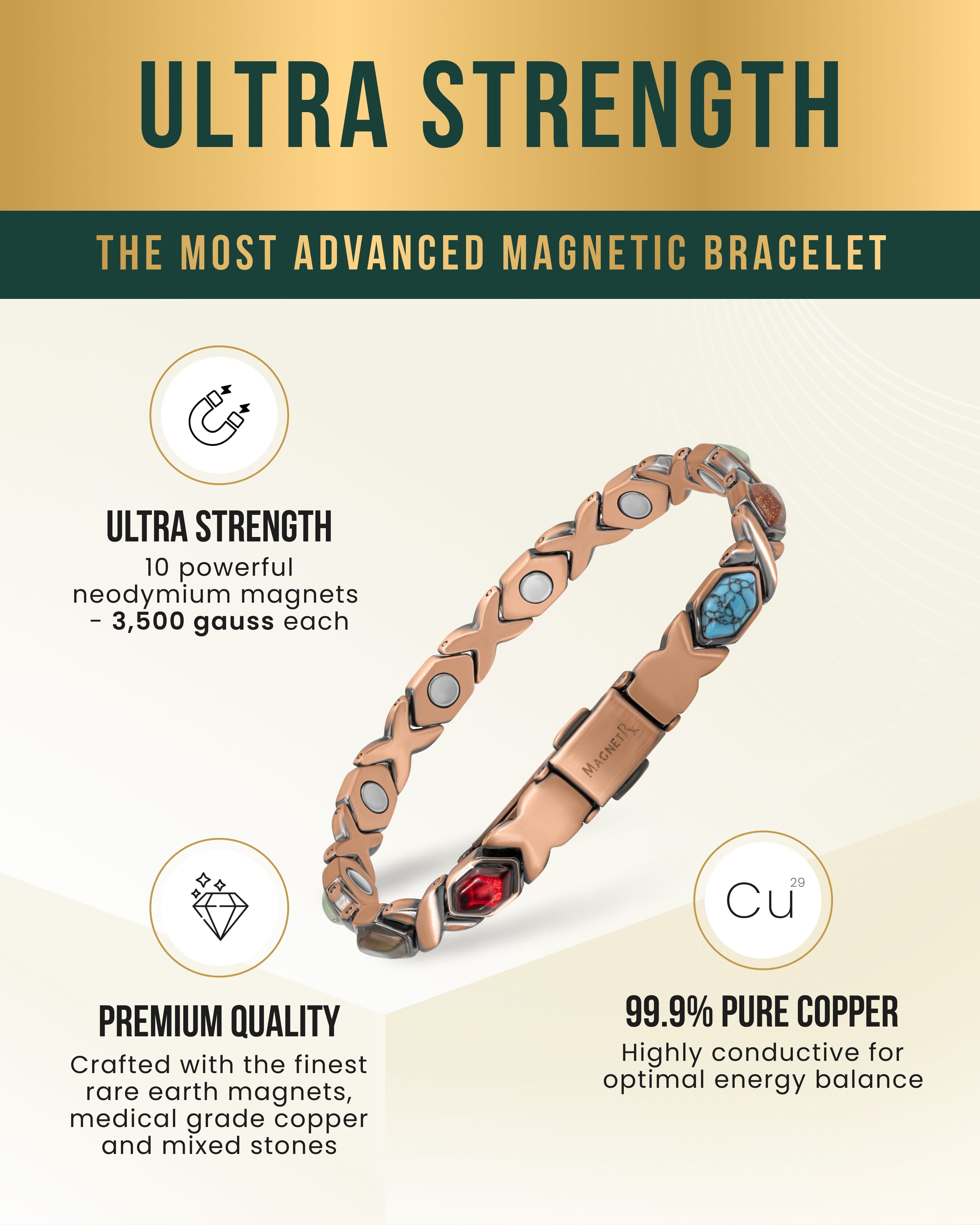Unisex Ultra Strength Pure Copper Magnetic Bracelet (Mixed Stones)