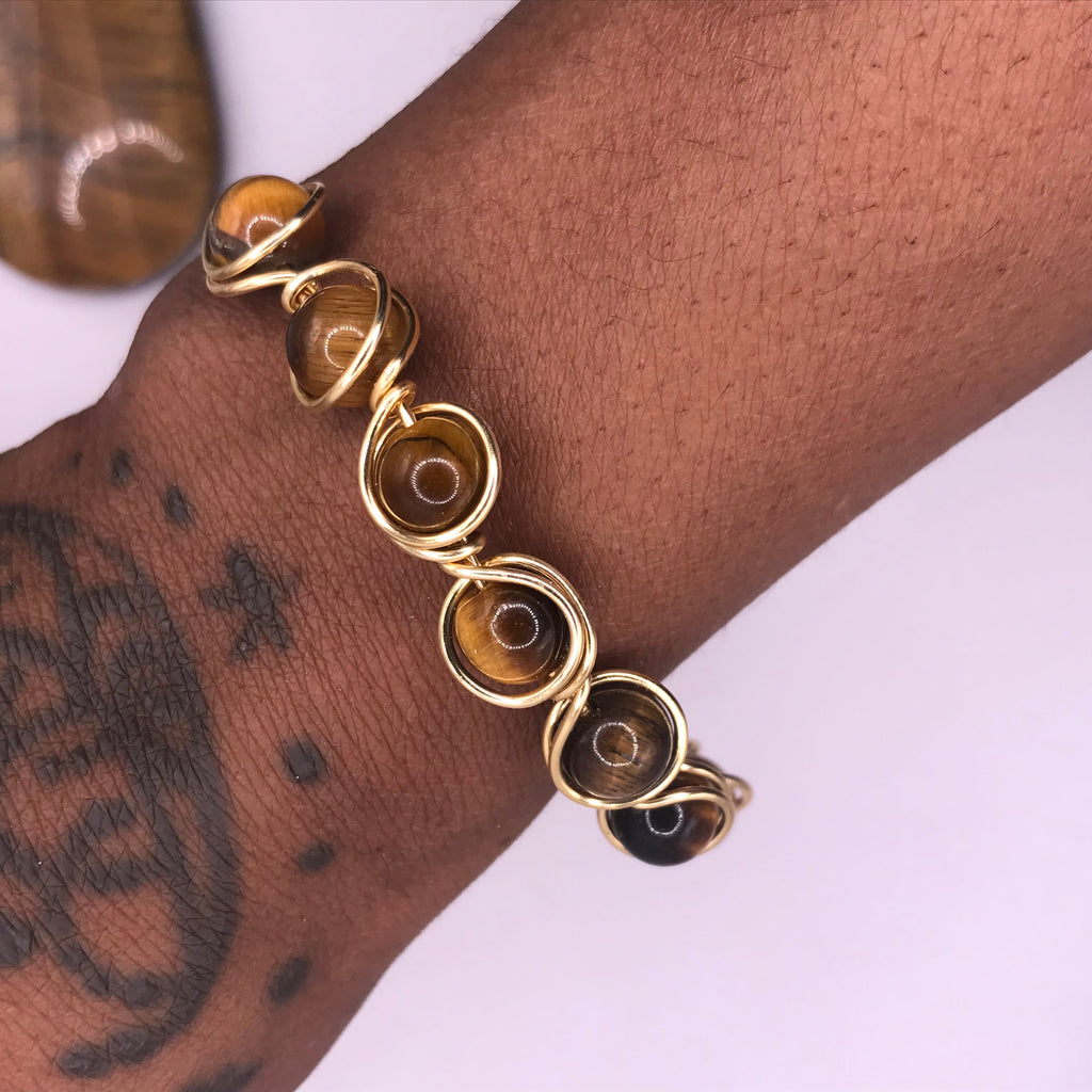 Wire Wrapped 18K Gold Plated Tigers Eye Bracelet