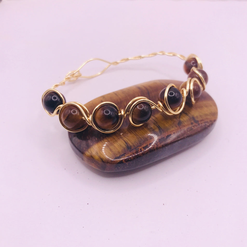 Wire Wrapped 18K Gold Plated Tigers Eye Bracelet